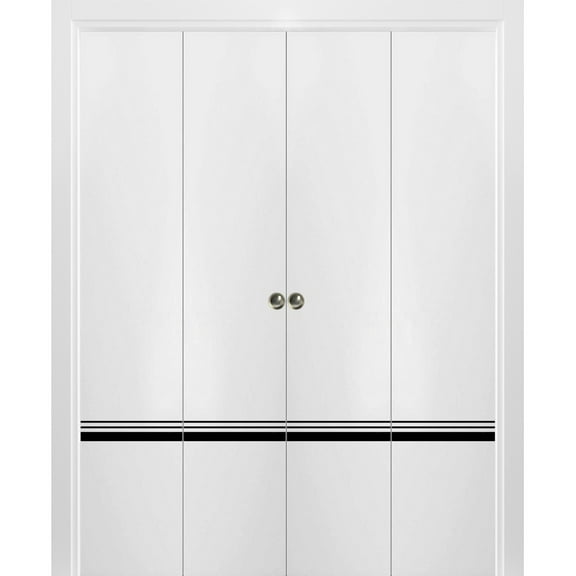 Sliding Closet Double Bi-fold Doors | Planum 0012 White Silk with Frosted Glass | Sturdy Tracks Moldings Trims Hardware Set | Wood Solid Bedroom Wardrobe Doors