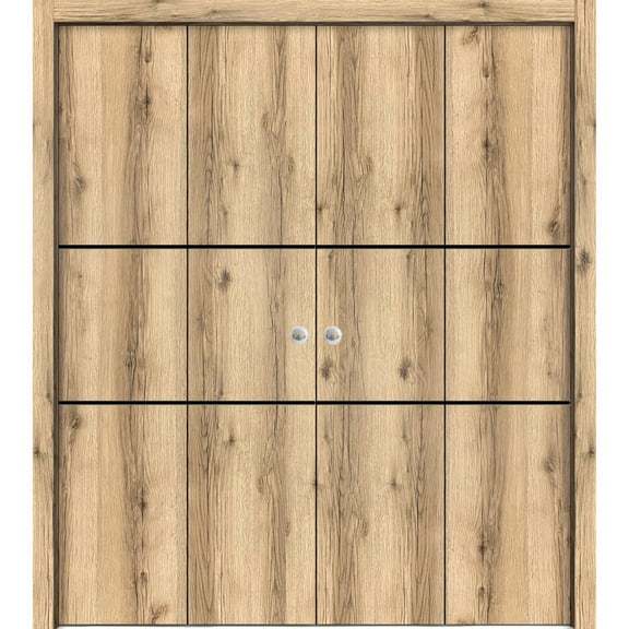 Sliding Closet Double Bi-fold Doors | Planum 0014 Oak with Frosted Glass | Sturdy Tracks Moldings Trims Hardware Set | Wood Solid Bedroom Wardrobe Doors