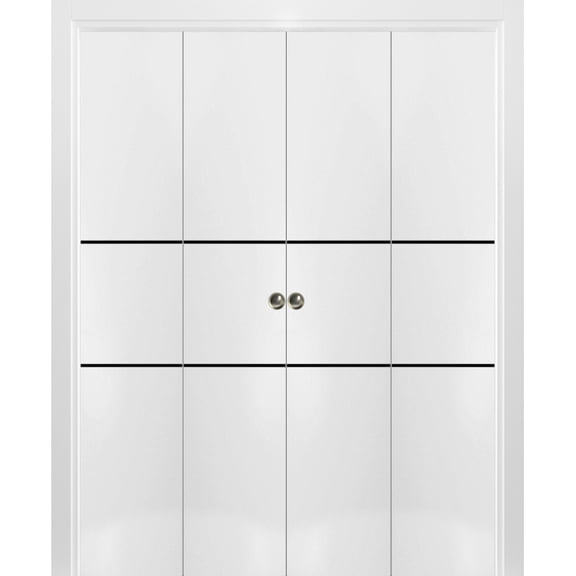 Sliding Closet Double Bi-fold Doors | Planum 0014 White Silk with Frosted Glass | Sturdy Tracks Moldings Trims Hardware Set | Wood Solid Bedroom Wardrobe Doors