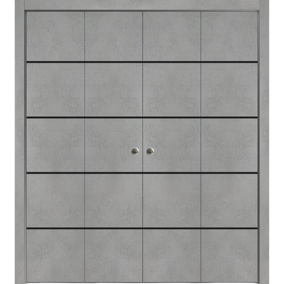 Sliding Closet Double Bi-fold Doors | Planum 0015 Concrete with Frosted Glass | Sturdy Tracks Moldings Trims Hardware Set | Wood Solid Bedroom Wardrobe Doors