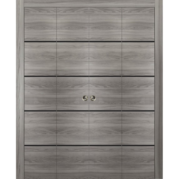 Sliding Closet Double Bi-fold Doors | Planum 0015 Ginger Ash with Frosted Glass | Sturdy Tracks Moldings Trims Hardware Set | Wood Solid Bedroom Wardrobe Doors