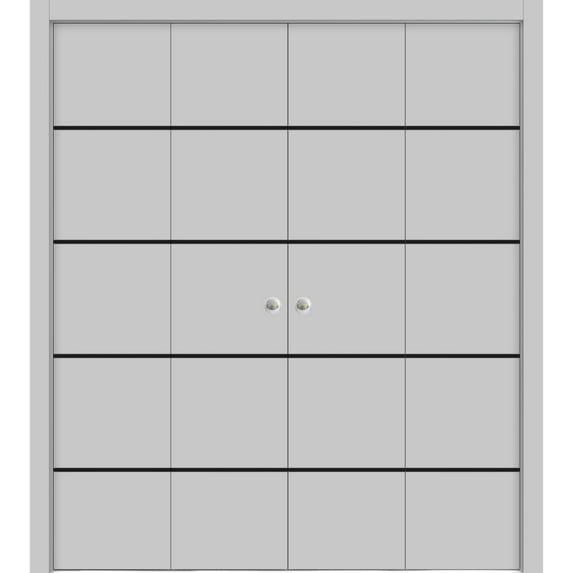 Sliding Closet Double Bi-fold Doors | Planum 0015 Grey Matte with Frosted Glass | Sturdy Tracks Moldings Trims Hardware Set | Wood Solid Bedroom Wardrobe Doors