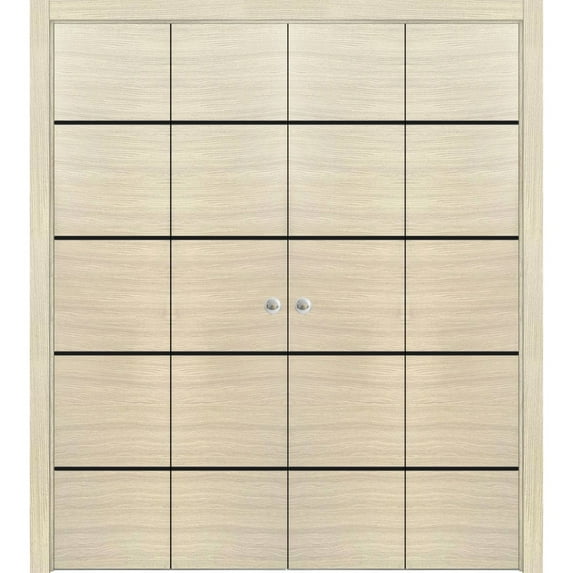 Sliding Closet Double Bi-fold Doors | Planum 0015 Natural Veneer with Frosted Glass | Sturdy Tracks Moldings Trims Hardware Set | Wood Solid Bedroom Wardrobe Doors