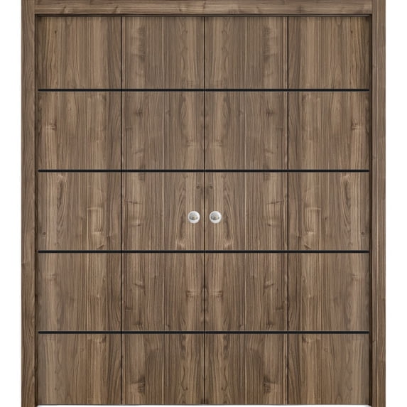 Sliding Closet Double Bi-fold Doors | Planum 0015 Walnut with Frosted Glass | Sturdy Tracks Moldings Trims Hardware Set | Wood Solid Bedroom Wardrobe Doors