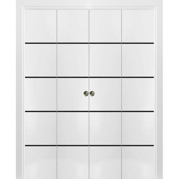Sliding Closet Double Bi-fold Doors | Planum 0015 White Silk with Frosted Glass | Sturdy Tracks Moldings Trims Hardware Set | Wood Solid Bedroom Wardrobe Doors