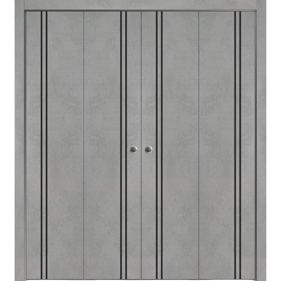 Sliding Closet Double Bi-fold Doors | Planum 0016 Concrete with Frosted Glass | Sturdy Tracks Moldings Trims Hardware Set | Wood Solid Bedroom Wardrobe Doors