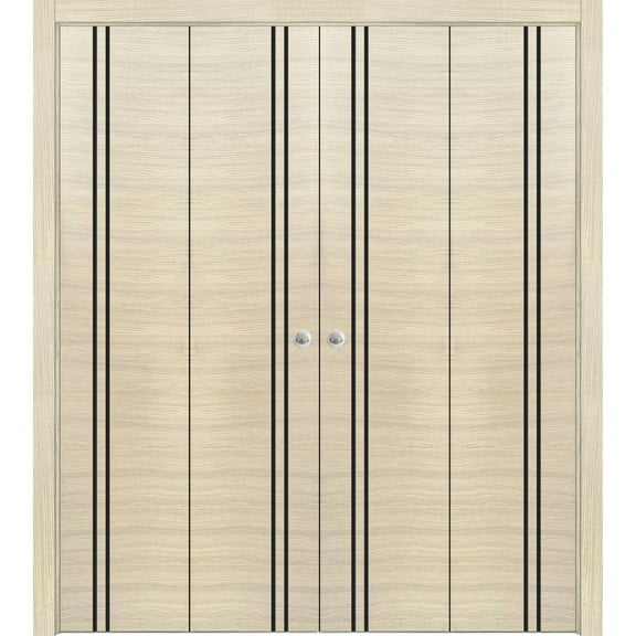 Sliding Closet Double Bi-fold Doors | Planum 0016 Natural Veneer with Frosted Glass | Sturdy Tracks Moldings Trims Hardware Set | Wood Solid Bedroom Wardrobe Doors