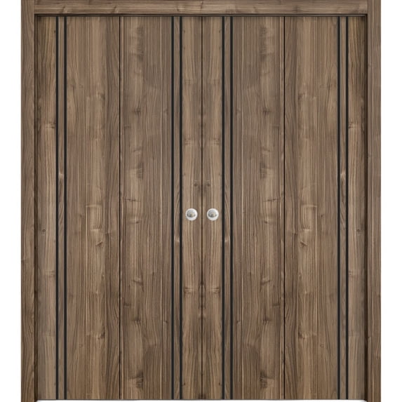 Sliding Closet Double Bi-fold Doors | Planum 0016 Walnut with Frosted Glass | Sturdy Tracks Moldings Trims Hardware Set | Wood Solid Bedroom Wardrobe Doors