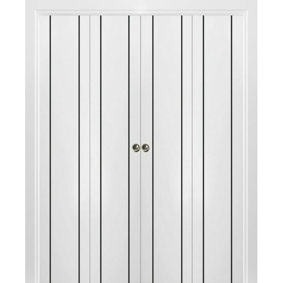 Sliding Closet Double Bi-fold Doors | Planum 0016 White Silk with Frosted Glass | Sturdy Tracks Moldings Trims Hardware Set | Wood Solid Bedroom Wardrobe Doors