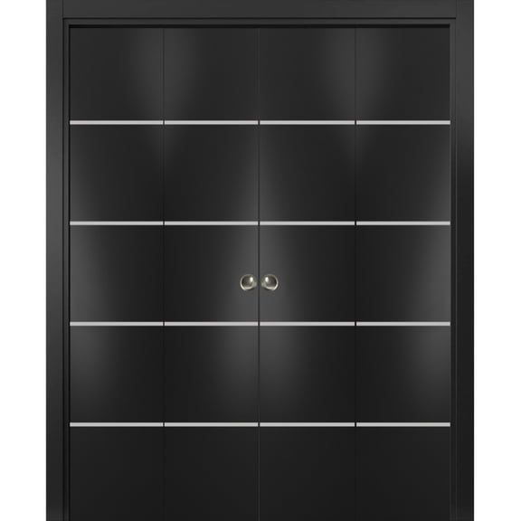 Sliding Closet Double Bi-fold Doors | Planum 0210 Matte Black with Frosted Glass | Sturdy Tracks Moldings Trims Hardware Set | Wood Solid Bedroom Wardrobe Doors