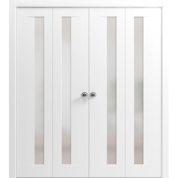 Sliding Closet Double Bi-fold Doors | Planum 0660 Painted White with Frosted Glass | Sturdy Tracks Moldings Trims Hardware Set | Wood Solid Bedroom Wardrobe Doors