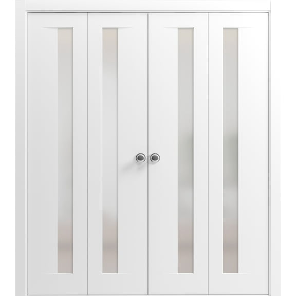 Sliding Closet Double Bi-fold Doors | Planum 0660 Painted White with Frosted Glass | Sturdy Tracks Moldings Trims Hardware Set | Wood Solid Bedroom Wardrobe Doors