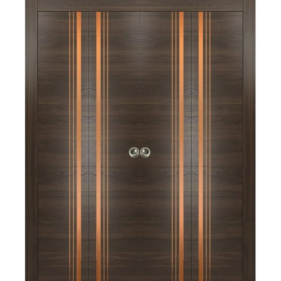 Sliding Closet Double Bi-fold Doors | Planum 1010 Chocolate Ash with Frosted Glass | Sturdy Tracks Moldings Trims Hardware Set | Wood Solid Bedroom Wardrobe Doors