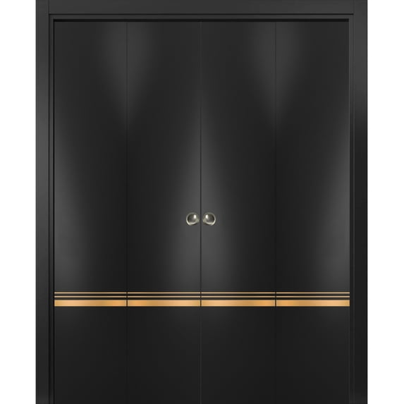 Sliding Closet Double Bi-fold Doors | Planum 2010 Matte Black with Frosted Glass | Sturdy Tracks Moldings Trims Hardware Set | Wood Solid Bedroom Wardrobe Doors
