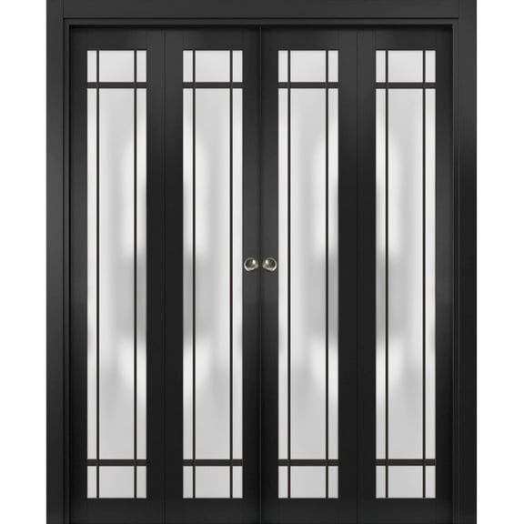 Sliding Closet Double Bi-fold Doors | Planum 2112 Matte Black Frosted Glass | Sturdy Tracks Moldings Trims Hardware Set | Wood Solid Bedroom Wardrobe Doors