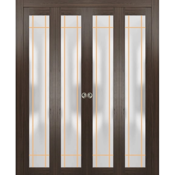 Sliding Closet Double Bi-fold Doors | Planum 2113 Chocolate Ash Frosted Glass | Sturdy Tracks Moldings Trims Hardware Set | Wood Solid Bedroom Wardrobe Doors