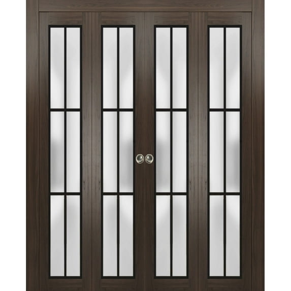 Sliding Closet Double Bi-fold Doors | Planum 2122 Chocolate Ash Frosted Glass | Sturdy Tracks Moldings Trims Hardware Set | Wood Solid Bedroom Wardrobe Doors