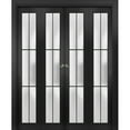 thumbnail image 1 of Sliding Closet Double Bi-fold Doors | Planum 2122 Matte Black Frosted Glass | Sturdy Tracks Moldings Trims Hardware Set | Wood Solid Bedroom Wardrobe Doors, 1 of 5