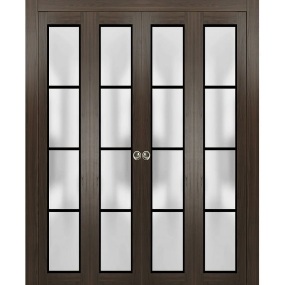 Sliding Closet Double Bi-fold Doors | Planum 2132 Chocolate Ash Frosted Glass | Sturdy Tracks Moldings Trims Hardware Set | Wood Solid Bedroom Wardrobe Doors