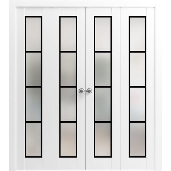 Sliding Closet Double Bi-fold Doors | Planum 2132 White Silk Frosted Glass | Sturdy Tracks Moldings Trims Hardware Set | Wood Solid Bedroom Wardrobe Doors