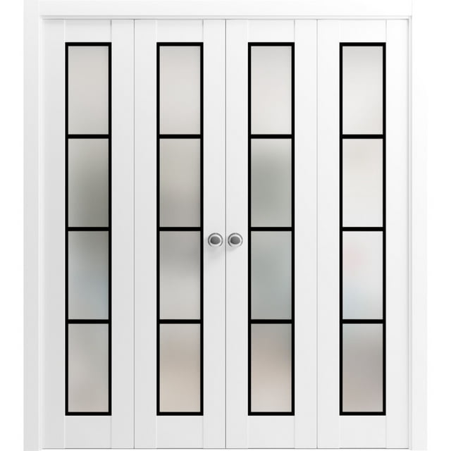 Sliding Closet Double Bi-fold Doors | Planum 2132 White Silk Frosted Glass | Sturdy Tracks Moldings Trims Hardware Set | Wood Solid Bedroom Wardrobe Doors