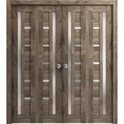 Sliding Closet Double Bi-fold Doors 72" x 80" 4* 18x80 Quadro 4088 Cognac Oak with Frosted Glass Sturdy Tracks Moldings Trims Hardware Set Wood Solid Bedroom Wardrobe Doors