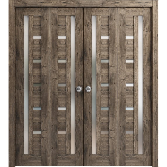 Sliding Closet Double Bi-fold Doors | Quadro 4088 Cognac Oak with Frosted Glass | Sturdy Tracks Moldings Trims Hardware Set | Wood Solid Bedroom Wardrobe Doors