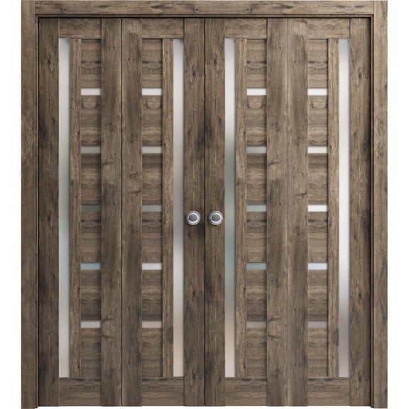 Sliding Closet Double Bi-fold Doors | Quadro 4088 Cognac Oak with Frosted Glass | Sturdy Tracks Moldings Trims Hardware Set | Wood Solid Bedroom Wardrobe Doors