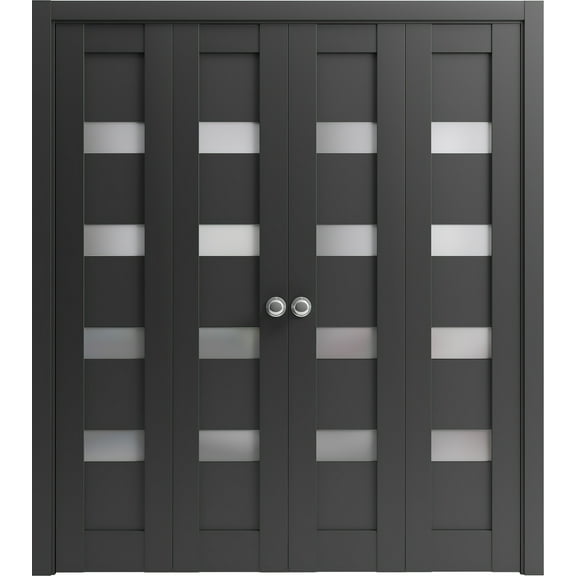 Sliding Closet Double Bi-fold Doors | Quadro 4113 Matte Black with Frosted Glass | Sturdy Tracks Moldings Trims Hardware Set | Wood Solid Bedroom Wardrobe Doors
