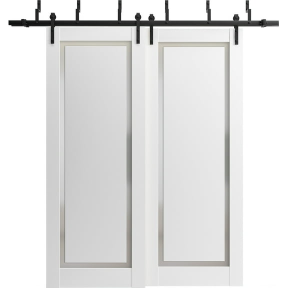 Sliding Closet Double Bi-fold Doors | Sete 6933 Matte Black with Frosted Glass | Sturdy Tracks Moldings Trims Hardware Set | Wood Solid Bedroom Wardrobe Doors