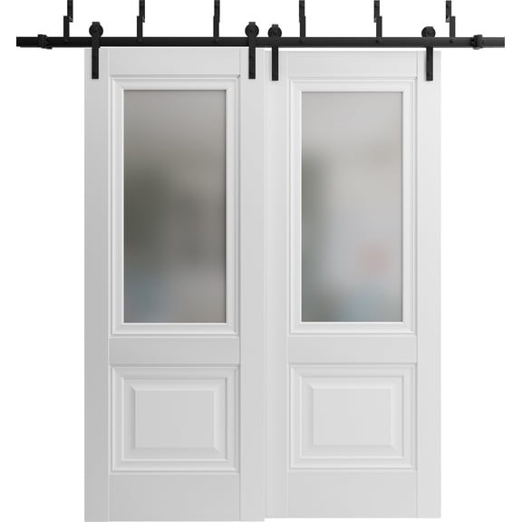 Sliding Closet Double Bi-fold Doors | Sete 6933 Nebraska Grey with Frosted Glass | Sturdy Tracks Moldings Trims Hardware Set | Wood Solid Bedroom Wardrobe Doors