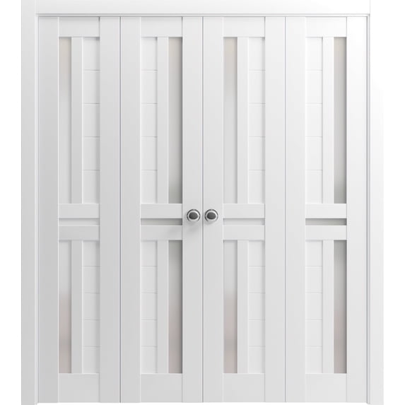 Sliding Closet Double Bi-fold Doors | Veregio 7288 White Silk with Frosted Glass | Sturdy Tracks Moldings Trims Hardware Set | Wood Solid Bedroom Wardrobe Doors