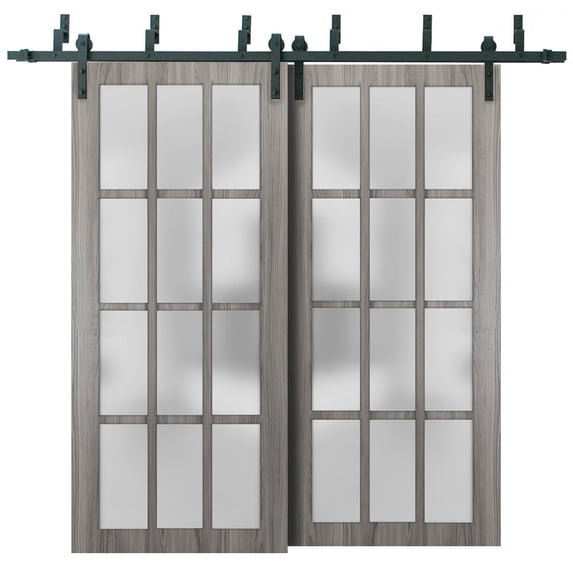 Sliding Closet Frosted Glass 12 Lites Barn Bypass Doors 64 x 80 inches | Felicia 3312 Ginger Ash Gray | Sturdy Top Mount 6.6ft Rails Hardware Set | Wood Solid Bedroom Wardrobe Doors