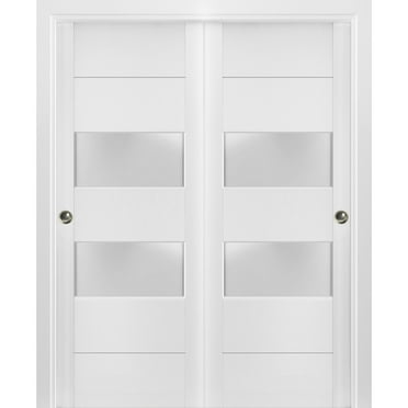 Sliding Closet Frosted Glass 2 lites Bypass Doors 36 x 84 inches | Lucia 4010 White Silk | Sturdy Rails Moldings Trims Hardware Set | Wood Solid Bedroom Wardrobe Doors