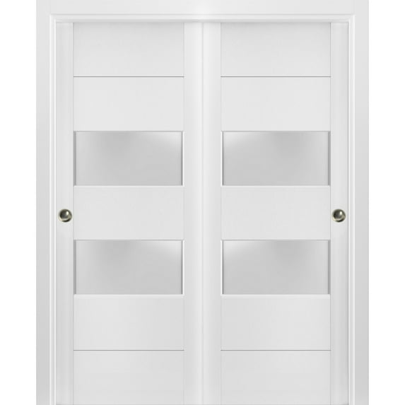 Sliding Closet Frosted Glass 2 lites Bypass Doors 48 x 84 inches | Lucia 4010 White Silk | Sturdy Rails Moldings Trims Hardware Set | Wood Solid Bedroom Wardrobe Doors