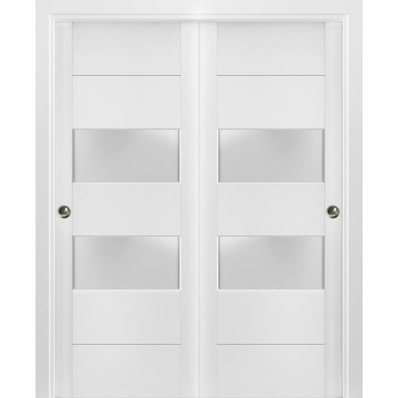 Sliding Closet Frosted Glass 2 lites Bypass Doors 84 x 84 inches | Lucia 4010 White Silk | Sturdy Rails Moldings Trims Hardware Set | Wood Solid Bedroom Wardrobe Doors