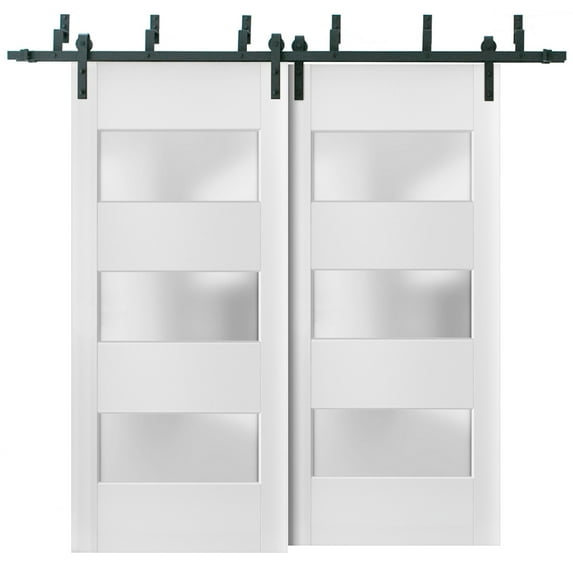 Sliding Closet Frosted Glass 3 Lites Barn Bypass Doors 60 x 80 inches | Lucia 4070 White Silk | Sturdy 6.6ft Rails Hardware Set | Wood Solid Bedroom Wardrobe Doors