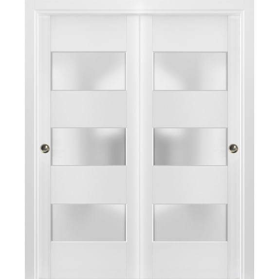 Sliding Closet Frosted Glass 3 Lites Bypass Doors 64 x 84 inches | Lucia 4070 White Silk | Sturdy Rails Moldings Trims Hardware Set | Wood Solid Bedroom Wardrobe Doors