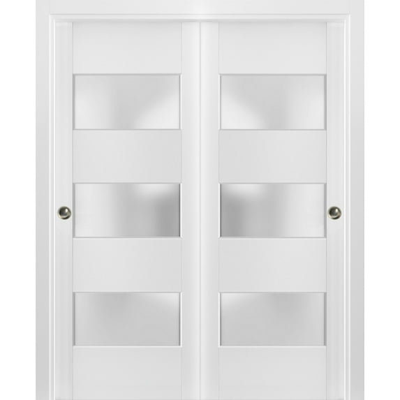 Sliding Closet Frosted Glass 3 Lites Bypass Doors 72 x 84 inches | Lucia 4070 White Silk | Sturdy Rails Moldings Trims Hardware Set | Wood Solid Bedroom Wardrobe Doors