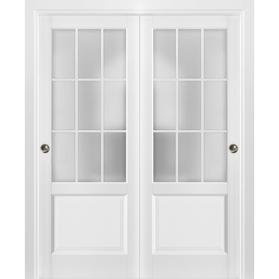 Sliding Closet Frosted Glass 9 Lites Bypass Doors 64 x 84 inches | Felicia 3309 Matte White | Sturdy Top Mount Rails Moldings Trims Hardware Set | Wood Solid Bedroom Wardrobe Doors