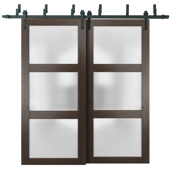 Sliding Closet Frosted Glass Barn Bypass Doors 36 x 80 inches | Lucia 2552 Chocolate Ash | Sturdy Top Mount 6.6ft Rails Hardware Set | Wood Solid Bedroom Wardrobe Doors