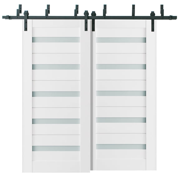 Sliding Closet Frosted Glass Barn Bypass Doors 36 x 80 inches | Quadro 4445 White Silk | Sturdy Top Mount 6.6ft Rails Hardware Set | Wood Solid Bedroom Wardrobe Doors