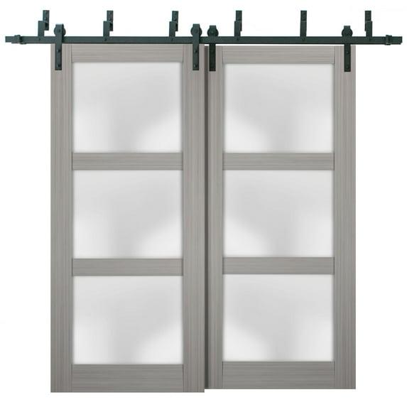 Sliding Closet Frosted Glass Barn Bypass Doors 36 x 84 inches | Lucia 2552 Grey Ash | Sturdy Top Mount 6.6ft Rails Hardware Set | Wood Solid Bedroom Wardrobe Doors