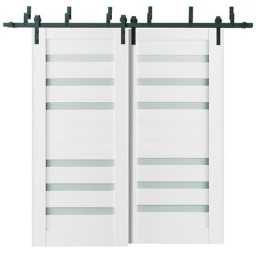 Sliding Closet Frosted Glass Barn Bypass Doors 48 x 84 inches | Quadro 4266 White Silk | Sturdy Top Mount 6.6ft Rails Hardware Set | Wood Solid Bedroom Wardrobe Doors