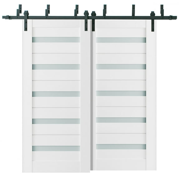 Sliding Closet Frosted Glass Barn Bypass Doors 56 x 96 inches | Quadro 4445 White Silk | Sturdy Top Mount 6.6ft Rails Hardware Set | Wood Solid Bedroom Wardrobe Doors