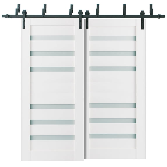 Sliding Closet Frosted Glass Barn Bypass Doors 60 x 84 inches | Quadro 4266 White Silk | Sturdy Top Mount 6.6ft Rails Hardware Set | Wood Solid Bedroom Wardrobe Doors