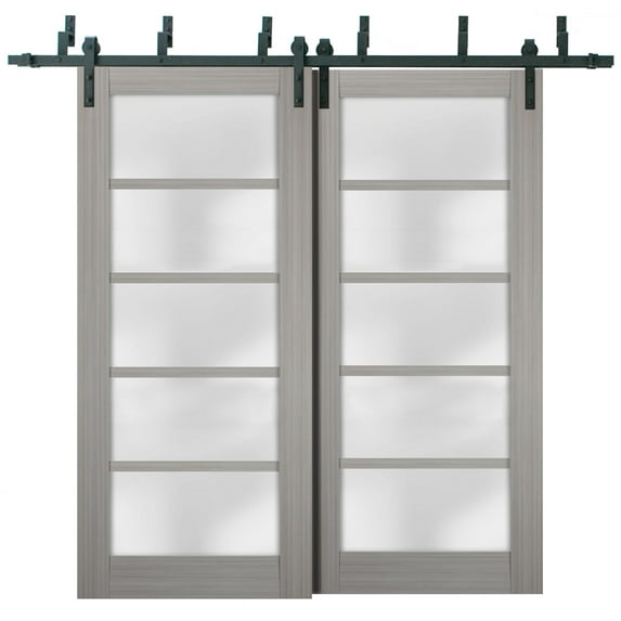 Sliding Closet Frosted Glass Barn Bypass Doors 60 x 96 inches | Quadro 4002 Grey Ash | Sturdy Top Mount 6.6ft Rails Hardware Set | Wood Solid Bedroom Wardrobe Doors
