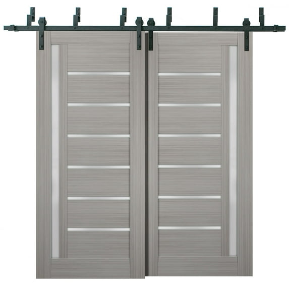 Sliding Closet Frosted Glass Barn Bypass Doors 64 x 84 inches | Quadro 4088 Grey Ash | Sturdy Top Mount 6.6ft Rails Hardware Set | Wood Solid Bedroom Wardrobe Doors