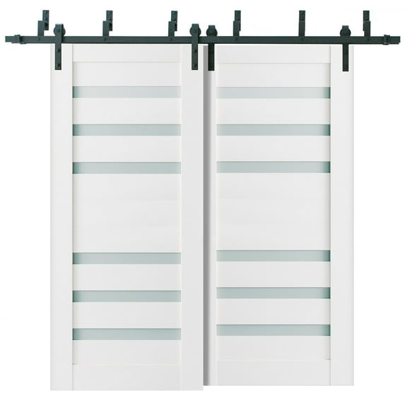 Sliding Closet Frosted Glass Barn Bypass Doors 64 x 96 inches | Quadro 4266 White Silk | Sturdy Top Mount 6.6ft Rails Hardware Set | Wood Solid Bedroom Wardrobe Doors