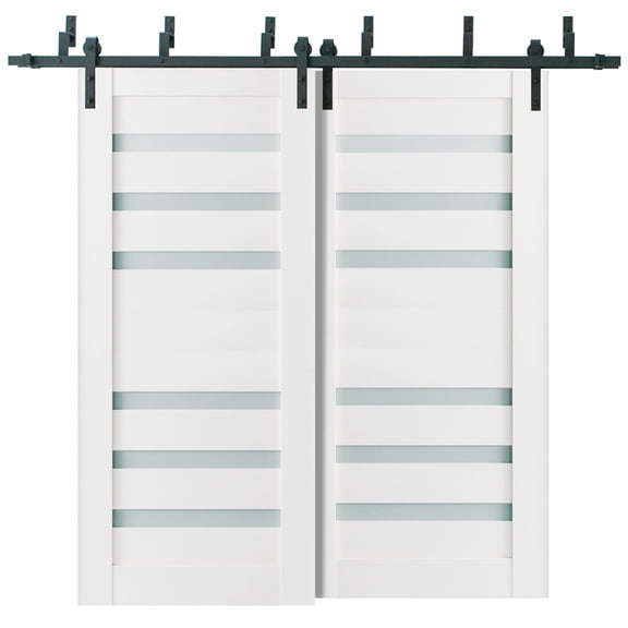 Sliding Closet Frosted Glass Barn Bypass Doors 72 x 80 inches | Quadro 4266 White Silk | Sturdy Top Mount 6.6ft Rails Hardware Set | Wood Solid Bedroom Wardrobe Doors